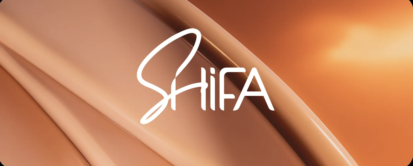 Shifa rebrand — the new SHIFA script logo in white on a warm copper silk background